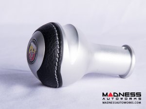 FIAT 500 Gear Shift Knob - Black Italy - Silver Base/ Black Leather Top + ABARTH Logo - V2